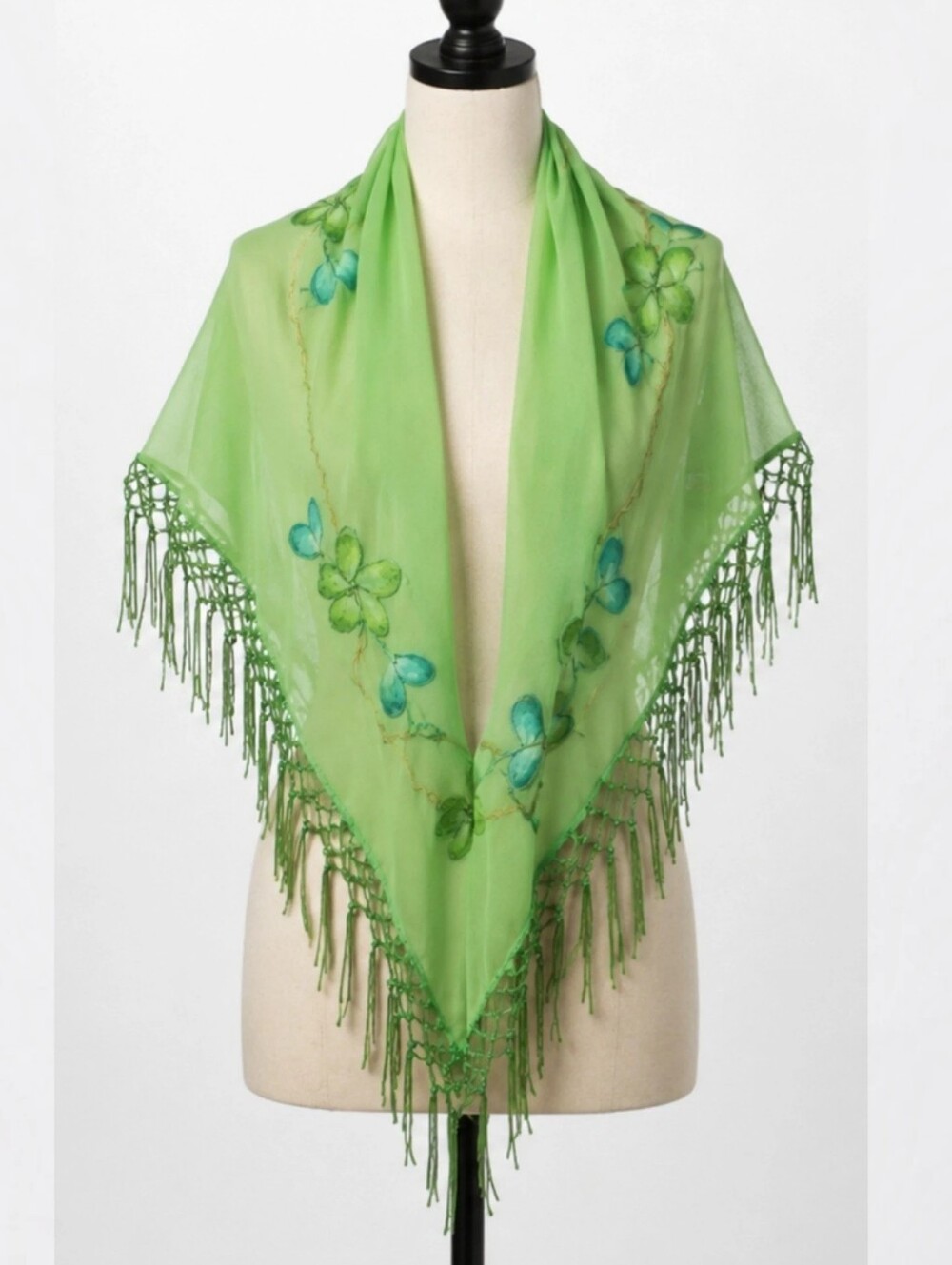 Rima Handpainted Green Floral Triangle Scarf Chiffon Terivoile Fringe